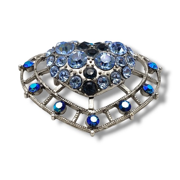 Vintage Large Blue Rhinestone Cluster Silver Tone Heart Pendant - Picture 4 of 6